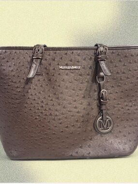 Montana West Chocolate Brown Ostrich-Texture Tote with Medallion Accent